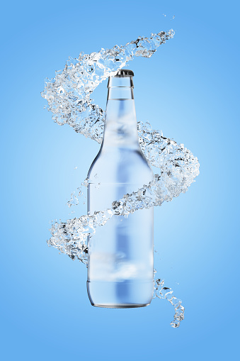 Spray with water around a glass bottle. Glass bottle with water on a blue background. 3d render.