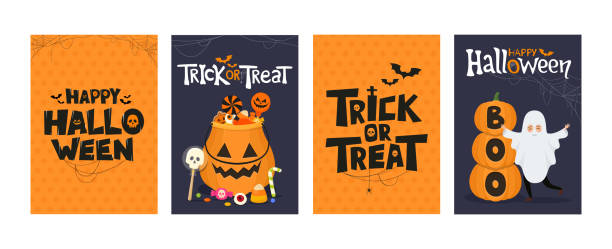 Happy Halloween and Trick or Treat greeting cards or party invitations. Vector illustration posters with candies in pumpkin basket and text lettering font. Set of Happy Halloween and Trick or Treat greeting cards or party invitations on the theme of Halloween. Vector illustration posters with candies in pumpkin basket and text lettering font. trick or treat stock illustrations