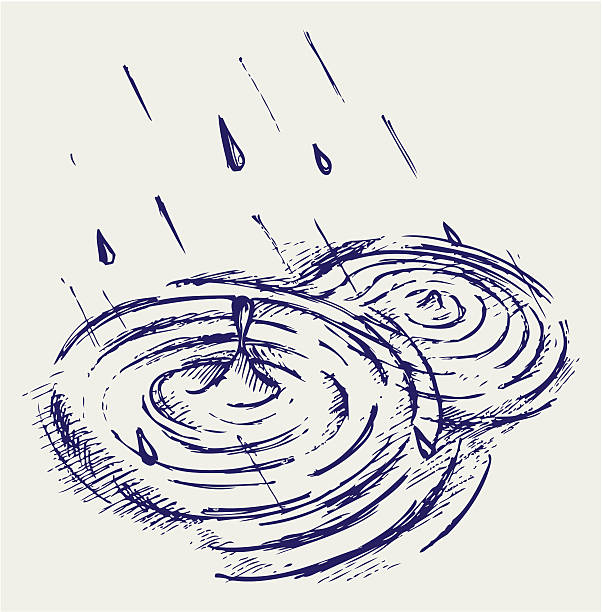 Rain drops rippling in puddle vector art illustration