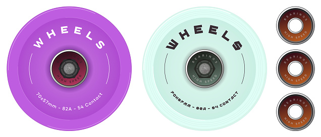 Set of Skate Wheels Design. Longboard Wheels with Bearings. Surfskate. Vector illustration.