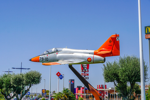 San Javier Murcia , Spain  2023 08 19 : Decorative C-101 Jet plane located in a roundabout of San Javier in Murcia - Spain