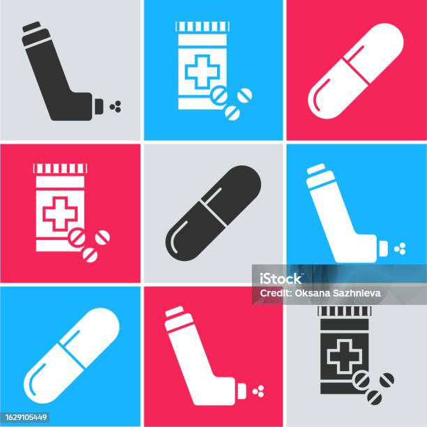 Inhaler Botol Set Inhaler Botol Obat Dan Pil Dan Pil Obat Atau Ikon Tablet Vektor ...