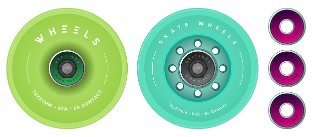 Set of Skate Wheels Design. Longboard Wheels with Bearings. Surfskate. Vector illustration.