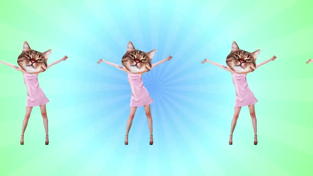 Woman in tender pink dress headed with cat muzzle dancing against pink background. Stop motion, animation