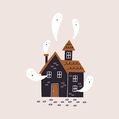 Cute Haunted House with ghost. Fall spooky greeting holiday decor. Halloween vector hand drawn illustration