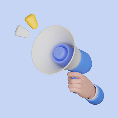 3D icon Hand holding Megaphone on blue background with Clipping path. Marketing concept. 3D Rendering