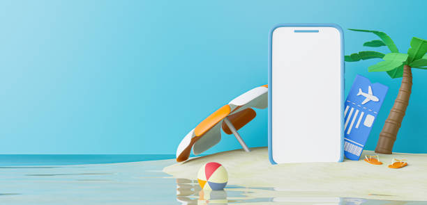 istock 3d Mobile phone with empty screen mockup on sand beach on sea background for the exhibitions, Presentation of products. Summer tropical background. 3d render illustration 1629120969