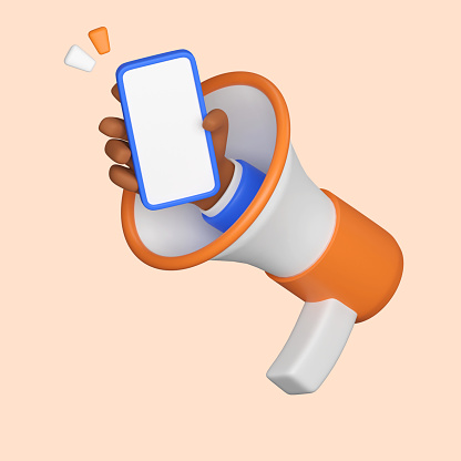 3D Megaphone speech and Hand showing mobile phone with empty screen. Marketing time banner template. 3D Rendering illustration.