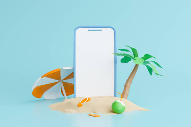 istock 3d Mobile phone with empty screen mockup on sand beach on sea background for the exhibitions, Presentation of products. Summer tropical background. 3d render illustration 1629122018