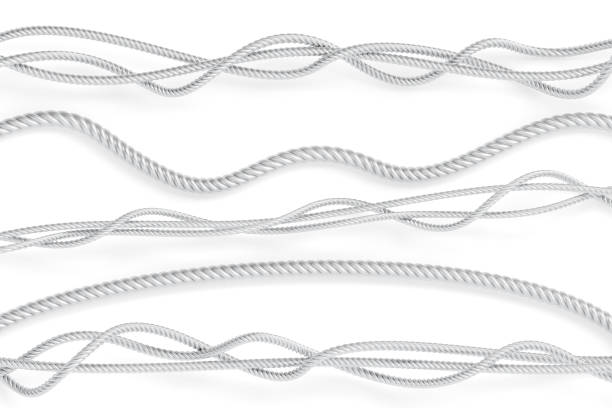 Metal rope, steel cord, silver twisted twines, cables or strings, 3d render set. Decorative sewing items or industrial objects isolated on white background. Straight and wave threads