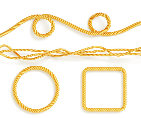 Gold silk ropes with loops, circle and square frames of satin cords, golden curve twisted threads 3d render icon set. Decorative sewing items, tie borders isolated on white background. 3D illustration