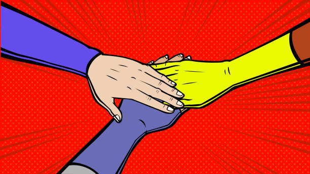 A retro pop art style vector illustration of superheroes stacking hands together. Easy to grab and edit. Wide space available for your copy.