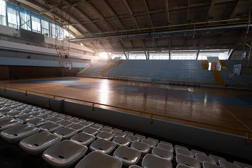 An imaginary basketball stadium's modelled and rendered.