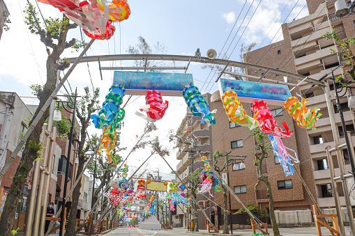 Main street in preparation for the Tanabata festival in the morning.