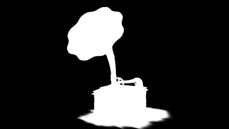 Playing vinyl records on a retro gramophone, potefone. Old gramophone playing vinyl disc. With Alpha mask.