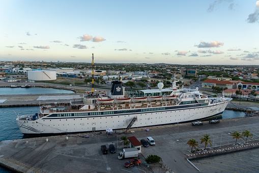oranjestad, Curacao – July 19, 2023: A closeup of a Freewinds Cruise Ship in the Caribean