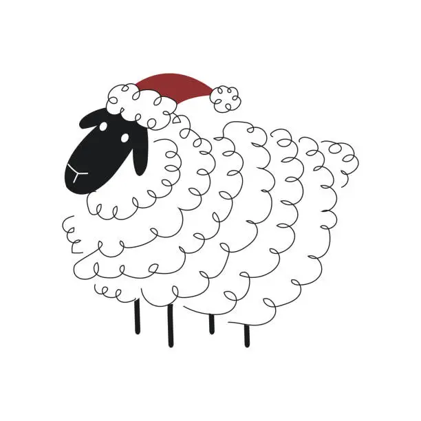 Vector illustration of Cute Christmas sheep in red hat.