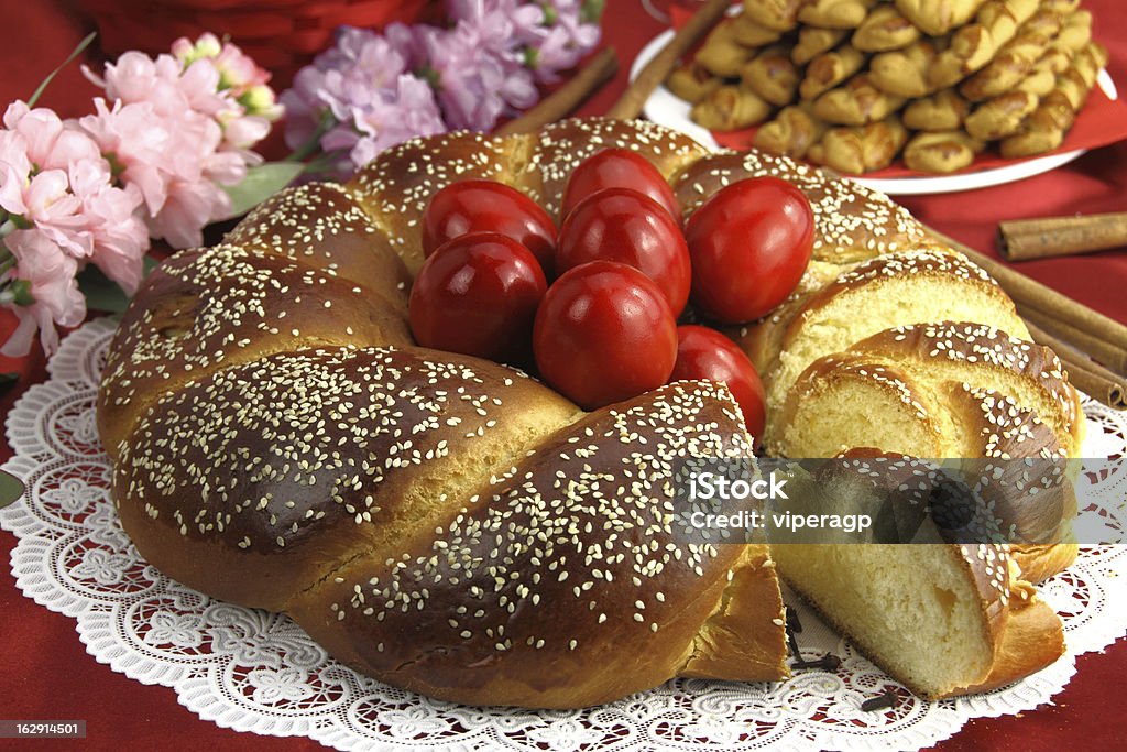 Easter sweet bread with red eggs Easter Stock Photo