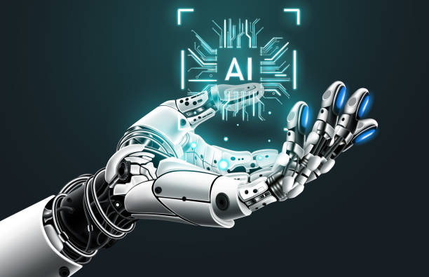 ai humanoid hand holding ai logo on microchip hologram, future cybernetic artificial intelligence technology concept, vector illustration - chat gpt stock illustrations