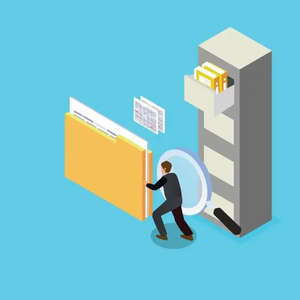 Vector illustration of Businessman moving folder to digital storage isometric 3d