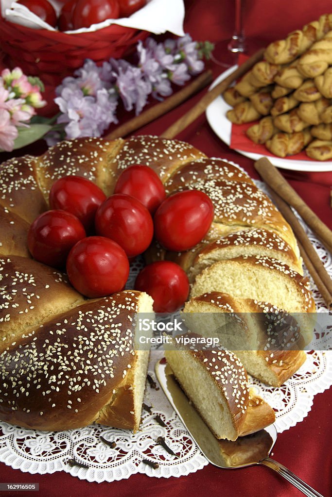 Easter sweet bread Easter sweet bread with red eggs Greece Stock Photo