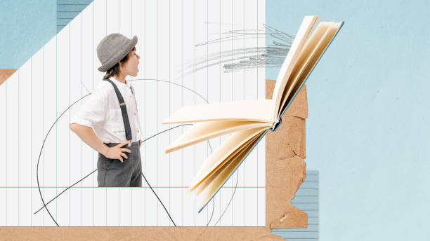 istock Conceptual art collage. Retro style. Little boy, child doing homework, studying, learning and reading stories 1629182346