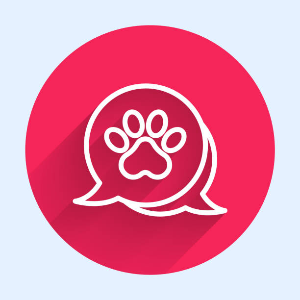 istock White line Paw print icon isolated with long shadow background. Dog or cat paw print. Animal track. Red circle button. Vector 1629183409