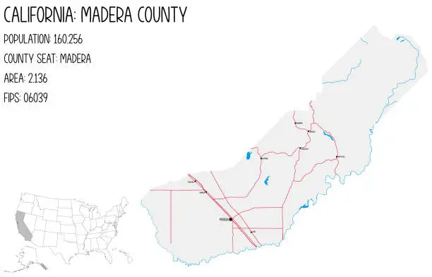 Vector illustration of Large and detailed map of Madera County in California, USA.