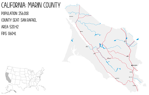 Large and detailed map of Marin County in California, USA.