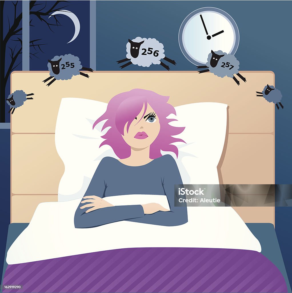 Insomniac counting sheep in bed A cute annoyed insomniac girl counting sheep, flying over her bed at night. No transparencies Insomnia stock vector
