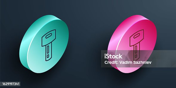 istock Isometric line Car key with remote icon isolated on black background. Car key and alarm system. Turquoise and pink circle button. Vector 1629197341