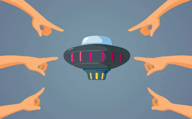 Vector illustration of People Pointing to an Alien UFO Spaceship Vector Cartoon illustration