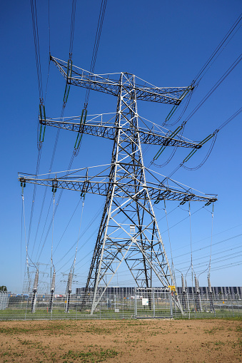 High voltage powerlines of Tennet at powerstation Hessenweg in Zwolle in the Netherlands