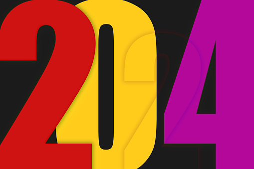 Year 2024 text in multicolored colors on a black background, new year banner 2024, design