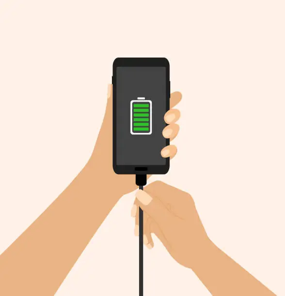Vector illustration of Hand Holding Mobile Phone With Full Battery Symbol On Phone Screen. The Other Hand Unplugging The Charger
