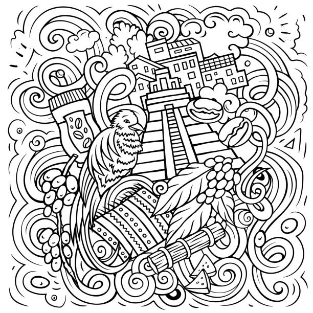 Guatemala cartoon doodle funny illustration Guatemala cartoon doodle illustration. Funny design. Creative vector background with central America country elements and objects. Sketchy composition puerto quetzal guatemala stock illustrations