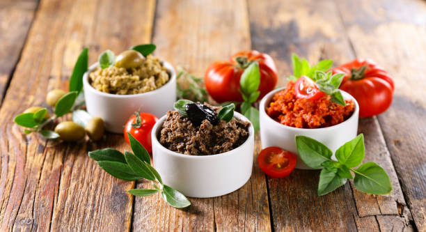 assorted of various tapenade, olive spread- mediterranean food