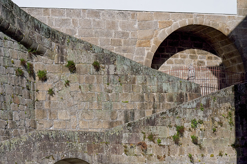 Walls of a stair in the exterior of the Catholic church of Sao Gonzalo in Amarante, Portugal