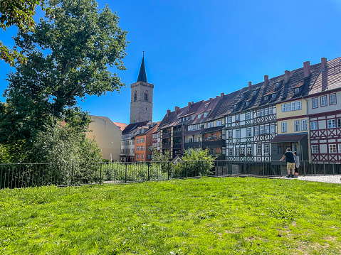 On march 25th 2023, a famous square in Chemnitz that houses restaurants and beer garden, located near the Schloss Park of the city visited by locals and visitors all year round.. Large image made from several individual photos stitched in a panorama.