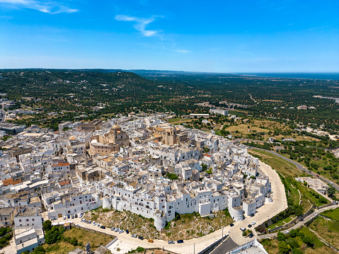 Aerial view of Ostuni, Italian old town from drone in Puglia