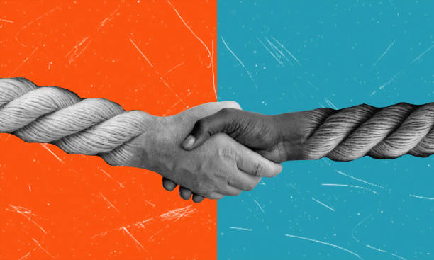 art collage, male handshake resembling ropes. - tug o war imagens e fotografias de stock