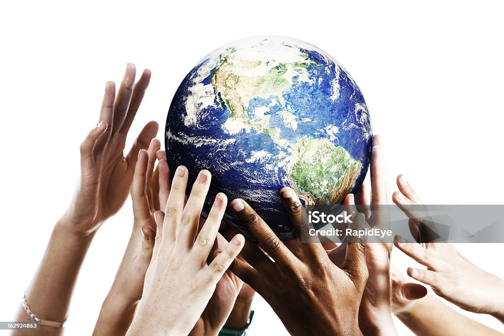 Beaucoup de mains pointant pour Planet Earth - Photo de Globe terrestre libre de droits