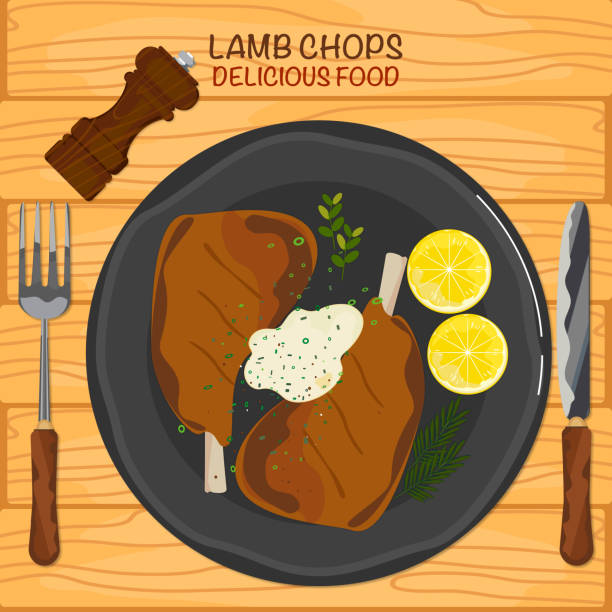 бараньи отбивные на тарелке, вид сверху, изолированный вектор иллюстрации на фоне дерева. - rack of lamb chop cutlet roasted stock illustrations