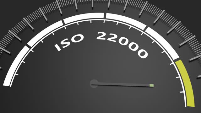 ISO 22000 food standard assurance control certification. Instrument scale with arrow. Colorful infographic gauge element.