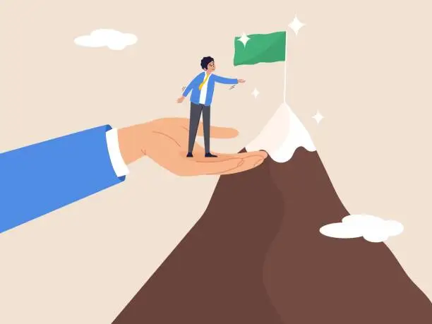 Vector illustration of Helping hand concept. Inspiration or advantage to reach goal. Coaching or mentor support employee to achieve business target, businessman stand on giant helping hand to reach mountain peak target flag