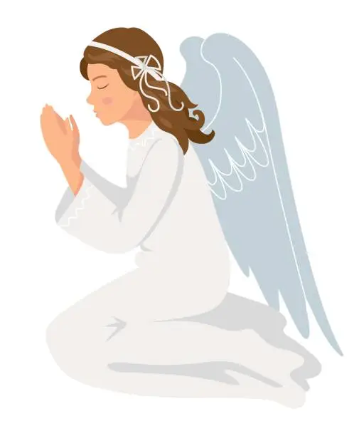 Vector illustration of cute angel kneeling with hands folded in prayer. Christmas angel, design template, isolated vector