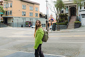 Woman with Backpack Exploring San Francisco city in California