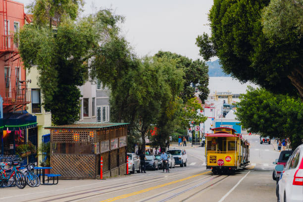High-angle View of city life in the downtown of San Francisco with authentic old cable car, the United States