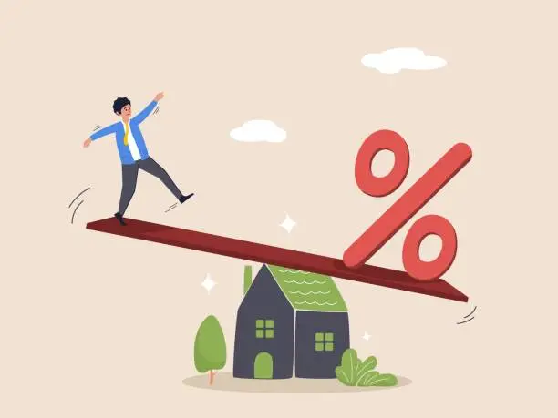 Vector illustration of Mortgage payment concept, financial risk. House loan interest rate or balance between income and debt or loan payment, businessman trying to balance with mortgage interest rate percentage on the house