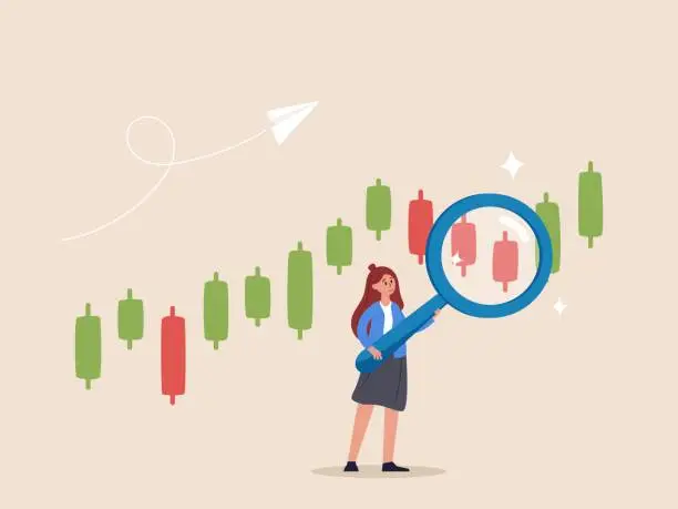 Vector illustration of Trend analysis to take profit. Technical analysis trader to analyze stock market or crypto currency data movement. Buy and sell indicator chart concept, businesswoman trader magnify candlestick chart.